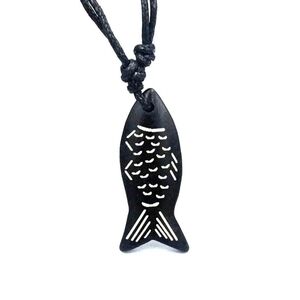 Cute Black Fish Pendant Necklace Resin Yak Bone Charms Wax Rope Jewelry